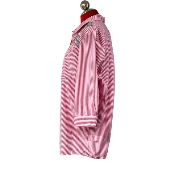 Pink & white striped casual top blouse shirt floral roses embroidery Blair XL - Picture 8 of 9